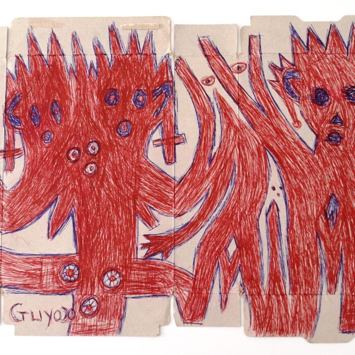 Guyodo: Ballpoint pen on cornflakes box, 40 x 60 cm