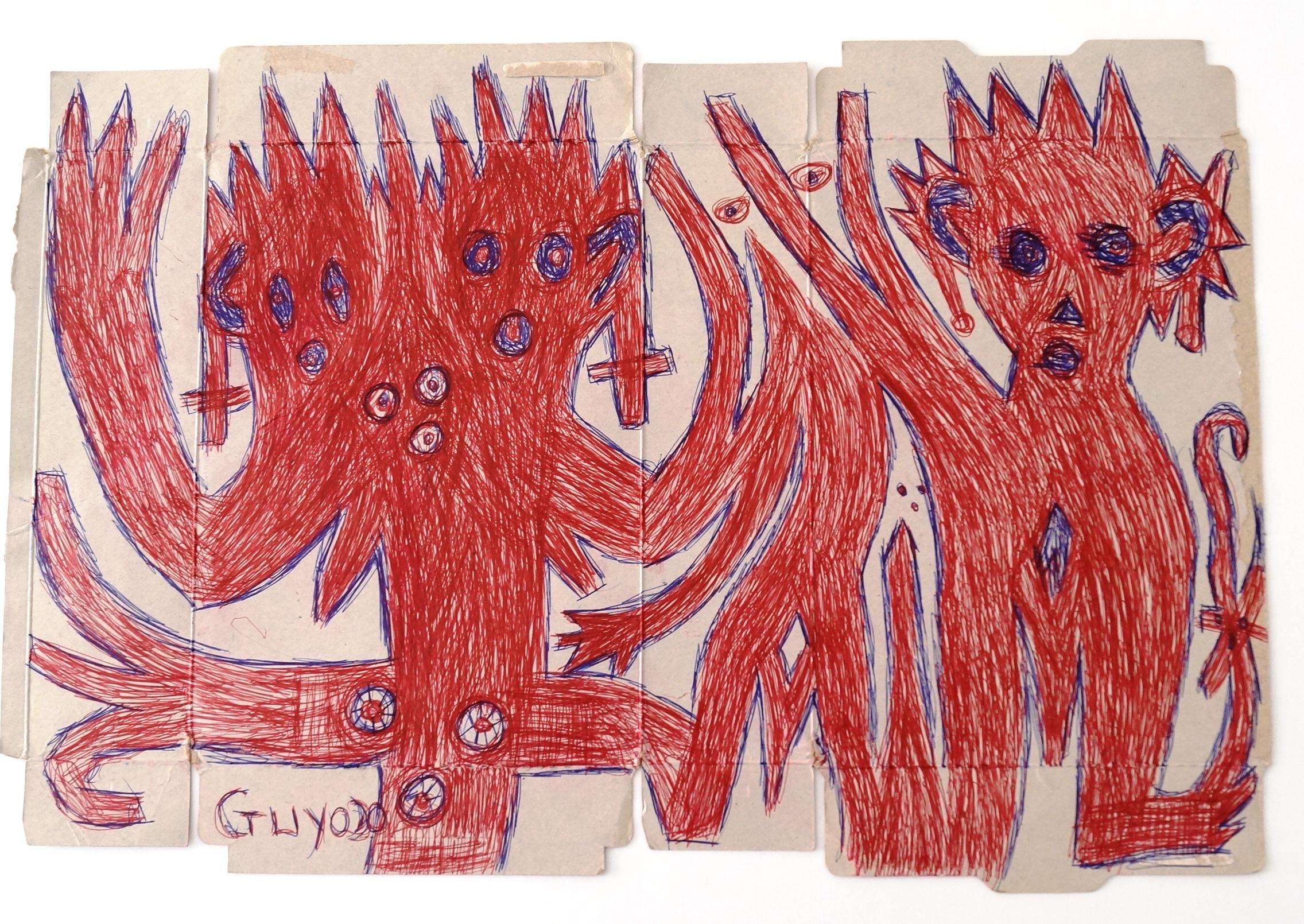 Guyodo : Stylo à bille sur boite de corn flakes