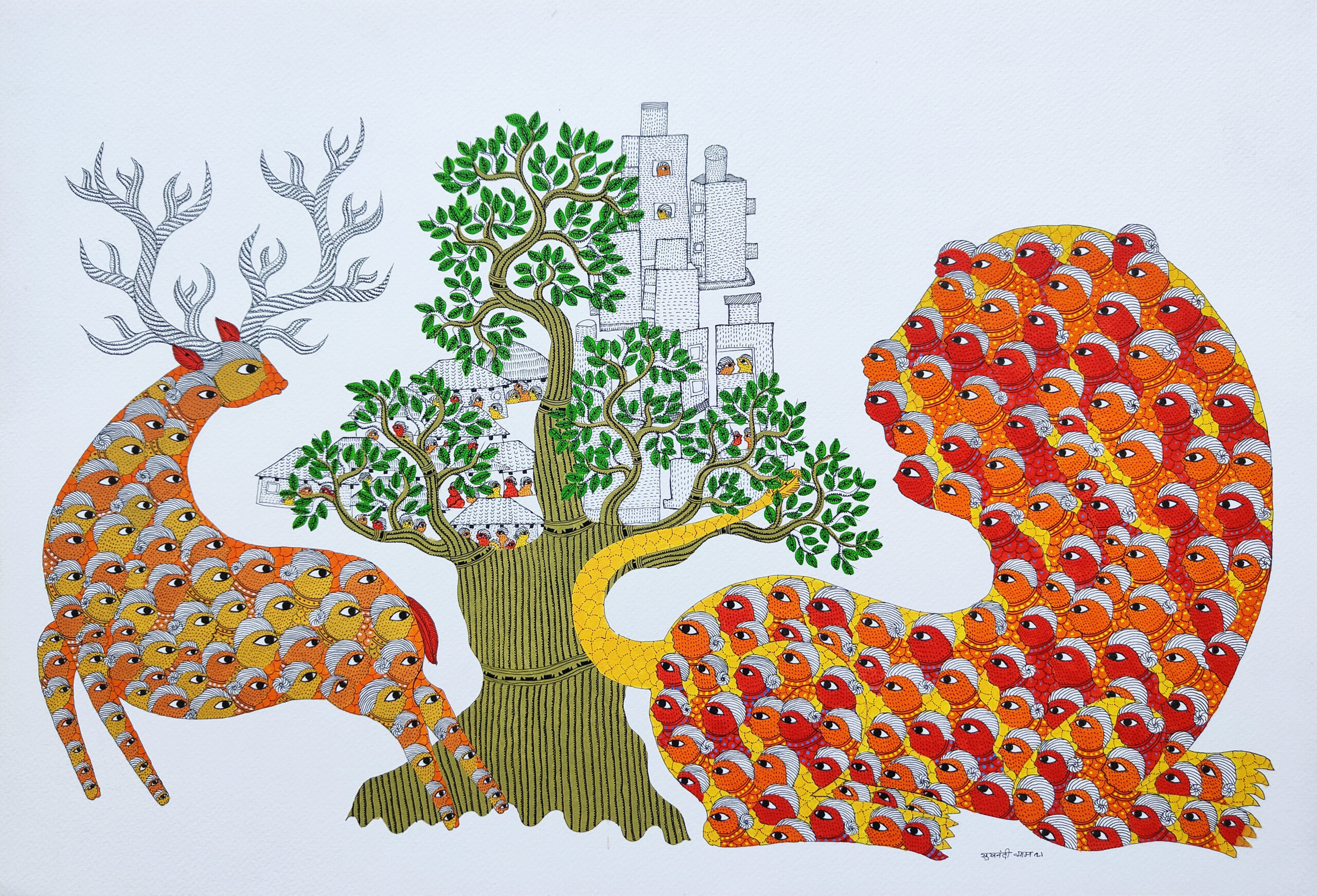INDE, Tribu GOND, Sukhnandi, Arbre de vie, Gond 653, PG4